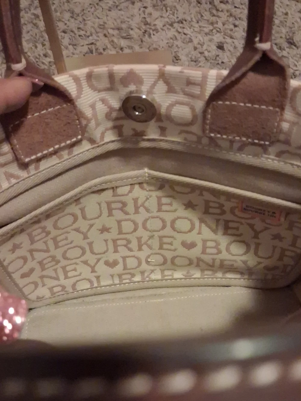 Dooney & Bourke Beige Logo Canvas Tote with Brown Leather Handles